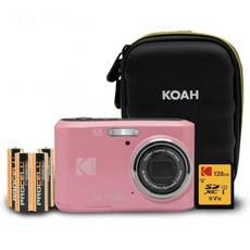 128GB SD 카드 컴팩트 카메라 케이스 및 추가 4배 AA 배터리 번들을 갖춘 코닥 픽스프로 FZ45 프렌들리 줌 16MP 1080p 풀 HD 디지털 카메라파스텔 핑크4개, 128GB SD 카드 컴팩트 카메라 케이스 및 추가 4