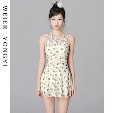 DFMEI 泳衣女高級感新款連體裙式掛脖保守遮肚顯瘦少女小胸聚攏溫泉, M(90-100斤)