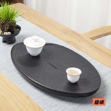 【貓嶼】烏金石茶盤圓形石頭茶海擺茶桌上家用簡約功夫茶具茶臺原石幹泡臺, 荷葉,25*25*3, 1個