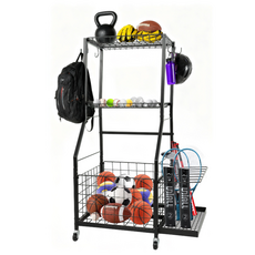 모던마켓 다용도 스포츠 장비 수납정리 이동식 선반 농구 축구 배구 첼제 헬스용품 보관함, 블랙