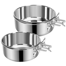 [2] 업그레이드된 클램프 홀더가 있는 케이지용 대형 개 사료 물 그릇 2개 반려동물 켄넬 걸이 그릇 스테인리스 스틸 흘림 방지 감지 가능한 그릇 크레이트 피더 접시 대형견, M (44 & 31 OZ)