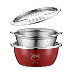 多功能不鏽鋼刨絲盆三件組(快速出貨) 切菜盆 刨絲盤 米篩 洗菜瀝水籃 蔬果切絲, 1個, 聚寶盆款, 紅色