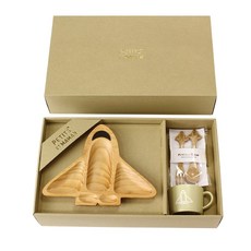 日本PETITS ET MAMAN 機器人/太空梭 松木兒童餐具組 木質兒童餐具禮盒 造型餐具組 周歲禮盒 生日禮物, 1個, 太空梭（現貨）, 原木色, 杯盤匙叉