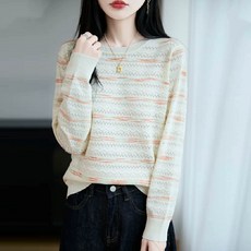 투니스 여성 캐주얼 루즈핏 레인보우 스트라이프 긴소매 니트