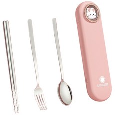 Lomsen 304不銹鋼便攜餐具套裝 學生旅行叉勺筷三件套 可愛餐具組, 粉色, 1套, 詳見包裝