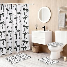 XIEJ 블랙 앤 화이트 보우 샤워 커튼 4개 U자형 바닥 매트 화장실 뚜껑 커버 및 욕실 방수 패브릭 세트 여성 십대 여아용 C-후크 12개 180.3 x 180.3c, XIEJ 블랙 앤 화이트 보우 샤워 커튼 4개, U자형