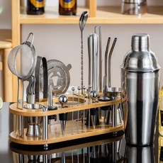 不銹鋼調酒器酒具套裝 附竹製底座, 1個