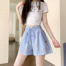 투니스 여성 루즈핏 스트라이프 스트링 자수 반바지