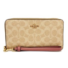 COACH 經典Signature PVC 滿版C Logo 壓紋 圓長夾 附手掛繩 裸粉色