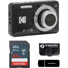 코닥 PIXPRO FZ55 블랙 16메가픽셀 디지털 카메라 5배 광학 줌 28mm 와이드 앵글 1080P 풀 HD 비디오 2.7인치 LCD + 64GB 카드 및 리더기 메모리, The Imaging World 검정