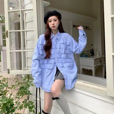 투니스 여성 폴로넥 스트라이프 루즈핏 긴소매 셔츠