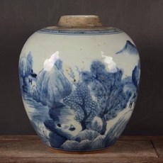 民窯 手繪青花 山水紋罐子, 如圖所示