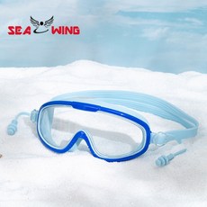 SEA WING 兒童泳鏡 大框防霧抗UV 一體式耳塞 柔軟矽膠, 1個, 大童藍色, 藍色