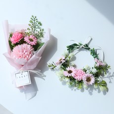 핸드메이드 고급 폼폼데이지 꽃다발+리스 세트 납골당 성묘, 폼폼데이지 핑크 SET, 1개