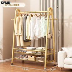 DFMEI 牀邊簡易掛衣架落地臥室內家用衣帽架可移動客廳陽臺曬晾衣服架子, 輕奢金-長100*高170丨升級雙層置物網籃【加粗22管】