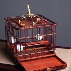大紅酸枝方鳥籠 抽屜式紅木鳥籠, 紅酸枝鳥籠送鉤子雙杠雙碗23.23*26, 1個