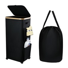 MASHDE 뚜껑 바퀴가 있는 100L 대형 세탁 바구니 탈착식 디자이너 백 사이드 포켓이 롤링 튼튼한 세탁실 정리 및 기숙사 작은 공간을 위한 보관(클래식 블랙) 24595, MASHDE 뚜껑 바퀴가 있는 100L 대형 세탁 바구