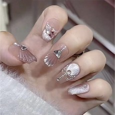 純手工人魚尾美甲貼片 高級感輕奢爆閃貓眼浮雕貝殼穿戴甲 BNP001, 1個, 中T(約2.0CM)-BNP001,XS碼