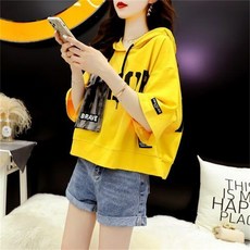 besteffie 여성 여름 후드 반팔 티셔츠 캐주얼 프린트 루즈핏 반팔티 레터링 박시한 7부소매 데일리룩 K83