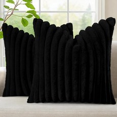 DecorUhome Summer Cozy 인조 모피 장식용 베개 커버 61x61cm(24x24인치) 2개 세트 장식적이고 부드러운 플러시 스트라이프 모던 팜하우스 보헤미안 소, 블랙