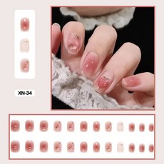 여름 요정 꽃 패턴 네일 아트 인조 손톱 접착 핑크 보라색 짧은 웨어러블 착용 도구 포함 24개, [20] XN-34