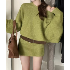 서진맘 여성 일자넥 가오리핏 힙스터 니트 긴팔 미니 원피스(벨트포함)