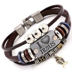 佳音書坊 Jesus十字架合金牛皮男女手鏈 時尚配件 宗教飾品 長20公分, 棕色, 1個