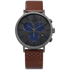 TIMEX 天美時復刻三眼 INDIGLO專利冷光照明真皮手錶 灰x咖啡 41mm