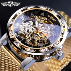 남자 스켈레톤 오토매틱 기계식 수동 시계 2060 손목, 1, R. 실버 블랙 다이얼 골드 문자 골드 메쉬