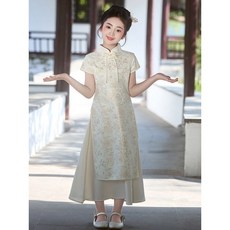 爆款# 新中式女童連衣裙小主持人民族風連衣裙古箏演出服兒童高檔生日旗袍