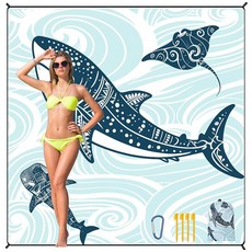 HIHOHO 해변 담요 방수 모래 방지 비치 매트 200.7 x 210.8cm(79 x 83인치) 성인 1-8명용 빠른 건조 내구성 있는 야외 피크닉 매트 해변 축제 여, 6'11" x 6'7", Bl-shark