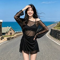 DIU 新款女士分體三件套微胖長袖罩衫保守顯瘦沙灘溫泉度假泳衣女, L(95-110斤)