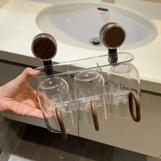 牙刷漱口杯置物架壁掛式免打孔牙膏置物架漱口杯子壁掛式收納架子, 如图, 【一家三口】胡桃木色-吸盤牙刷架帶杯款
