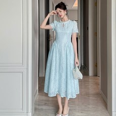蕾絲連衣裙 收腰大擺設計晚禮服, 水藍色