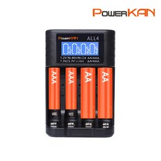 POWERKAN 파워칸 배터리 충전기 4구 1.5V 3.7V리튬14500 1.2V니켈 ALL4 건전지 밧데리 충전 AA AAA 과충전방지 LCD표시, 1개