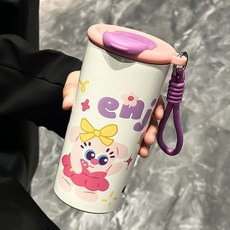 卡通繽紛保溫杯316不鏽鋼便攜隨行咖啡杯女生高顏值可愛吸管水杯, 1個, 原創插畫-紫杏:500ml