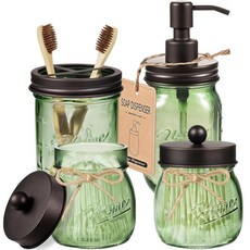 Amolliar 그린 욕실 액세서리 세트 메이슨 병 유리 세트 4개 로션 비누 디스펜서 칫솔 홀더 2쿼터팁 소박한 농가 장식 조리대 화장대 정리함 골드107870