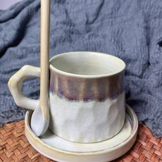 窯變粗陶手衝高顏值中古馬克杯拉花杯家用, 1個, 新寬底咖啡杯-帶勺(米白)310ml:200