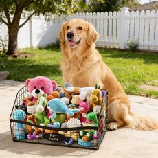 다운 개 장난감 바구니 - 내구성이 뛰어난 씹힘 방지 금속 상자와 손잡이 접이식 휴대용 애완동물 보관 정리함으로 강아지 및 거실에 이상적입니다, Matte Black