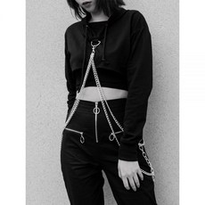 InsGoth 펑크 메탈 체인 솔리드 블랙 후드 하라주쿠 후드 크롭 탑 고스 그런지 긴팔 여성 스트리트웨어