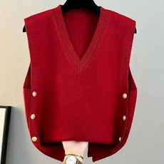 ROYALBELLE 여성 빅사이즈 브이넥 버튼 포인트 루즈핏 사이드슬릿 니트 베스트 V01010720