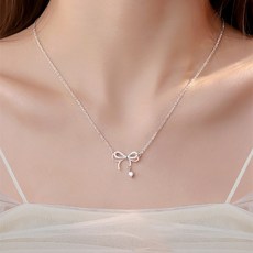 리본 큐빅 포인트 실버도금 여성 패션 목걸이