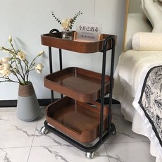 나무 미용실 웨건 미용트레이 수납 트레이 선반 왜건, C. 고급 미용실 공구카트 짙은색 원목색상 + 검정색