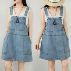 POMTOR 여름 여성 루즈핏 데님 멜빵 미니 원피스