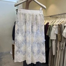 쉬폰 레이스 플라워 스커트 밴딩 레이어드 시스루 치마