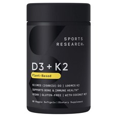 SPORTS RESEARCH 62.5mcg維他命D3&100mcg維他命K2素食軟膠囊, 1罐, 60顆