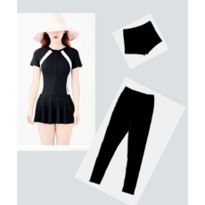 진진 여성 반팔+반바지+긴바지 긴팔+반바지+긴바지 스커트 래쉬가드 원피스형 3종세트 수영복, 블랙반팔