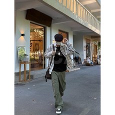 少年感慵懶風褶皺泡泡格紋長袖襯衫男女設計感寬鬆襯衣外套潮上衣