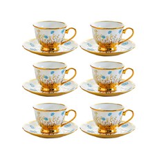 英倫風陶瓷咖啡杯碟套裝 歐式紅茶杯碟 6件套 家用辦公室水杯, 2013陶瓷6杯6碟-藍色,100ml, 1個