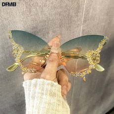 DFMEI 蝴蝶造型鑲鑽無框太陽鏡女歐美派對舞會個性走秀搞怪墨鏡